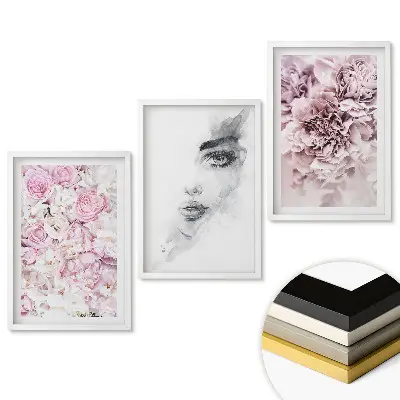 Set 3 tablouri pentru living cu motive florale în nuanțe de roz