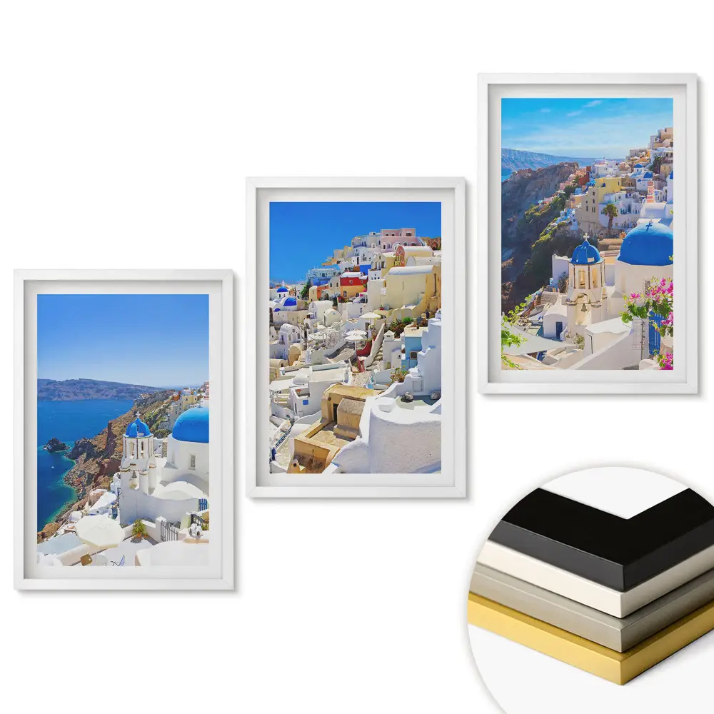 Set de 3 tablouri pentru living cu vederi pitorești ale insulei Santorini la soare