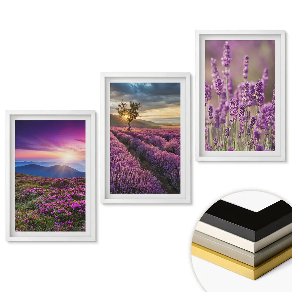 Set 3 tablouri living Peisaje cu câmpuri de lavandă la apus