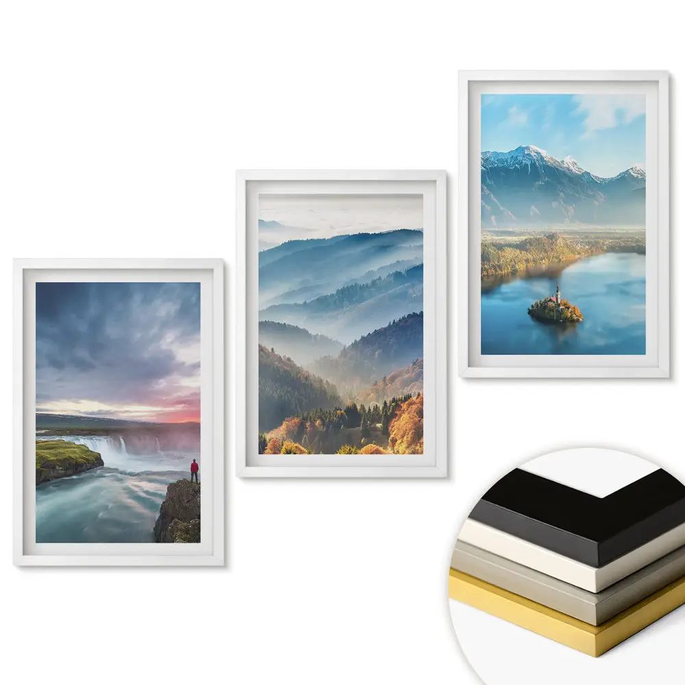 Set de 3 tablouri pentru living cu peisaje pitorești ale naturii și rame