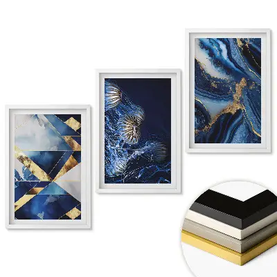 Set de tablouri pentru living cu design elegant în nuanțe de albastru și auriu