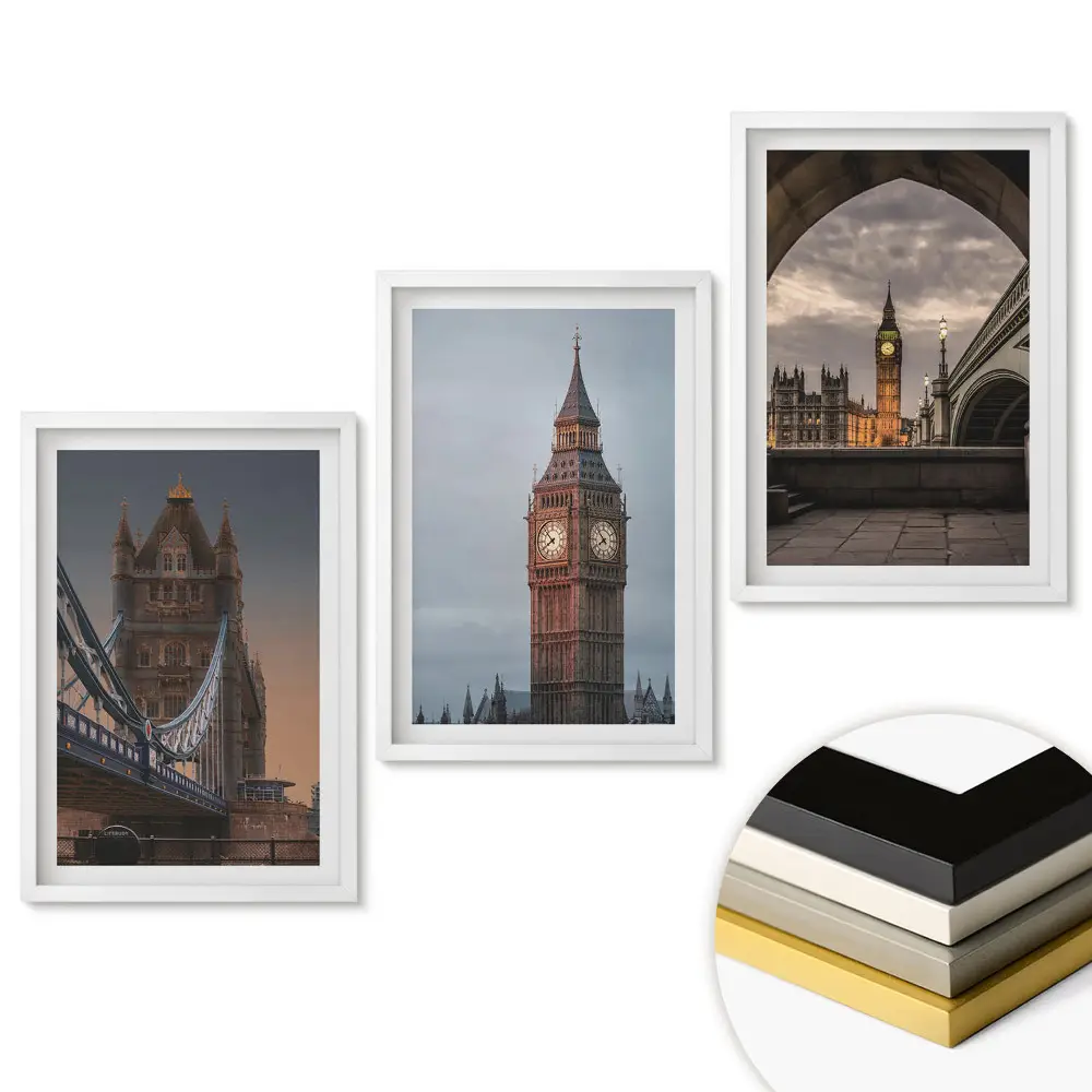 Set de 3 tablouri pentru living cu repere ale Londrei la diferite ore ale zilei