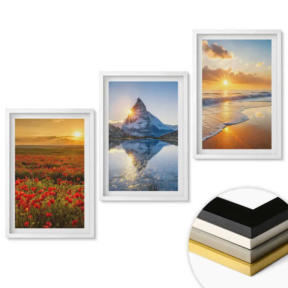 Set 3 tablouri pentru living cu peisaje naturale surprinse la diferite momente ale zilei
