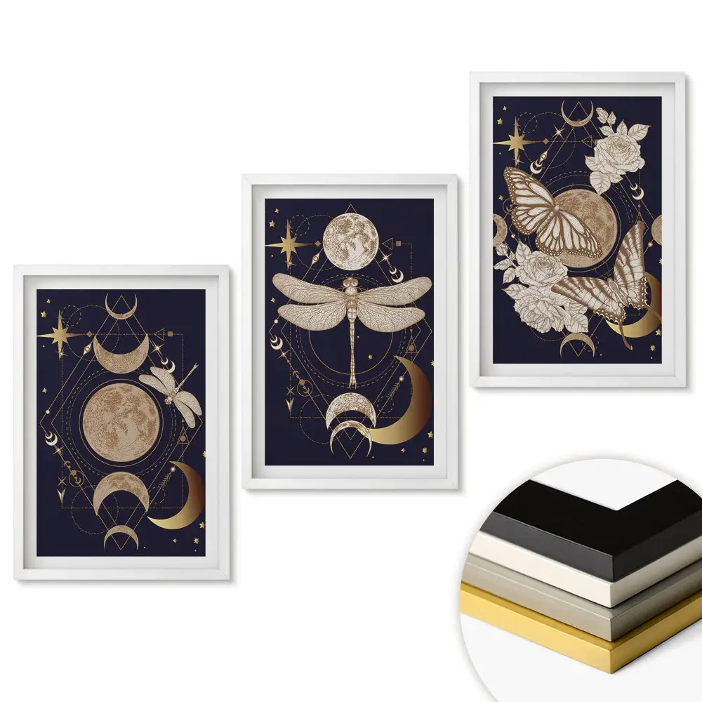 Set 3 tablouri pentru living cu motive cosmice și elemente din natură