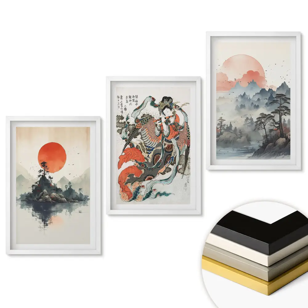 Set de tablouri pentru living cu peisaje japoneze și soare roșu