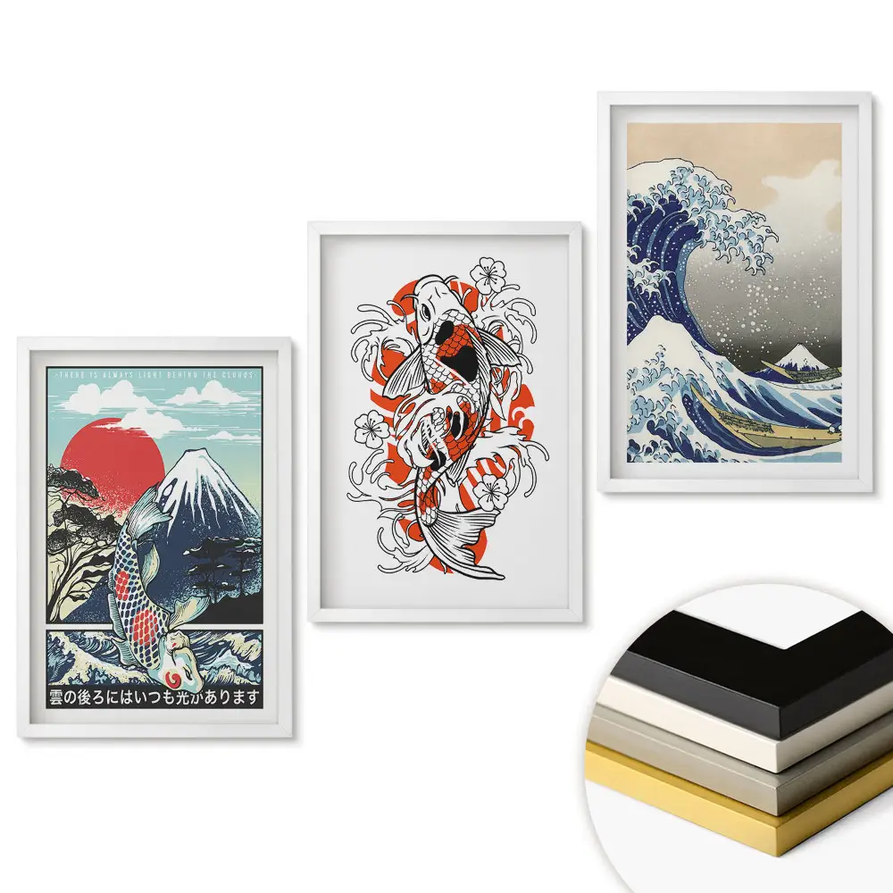 Set de 3 tablouri pentru living cu artă japoneză reprezentând valuri și crap