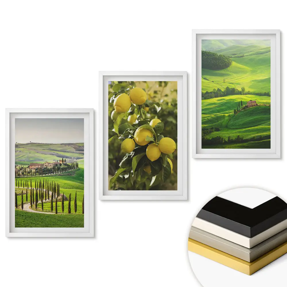 Set de 3 tablouri pentru living cu peisaje toscane și lămâi