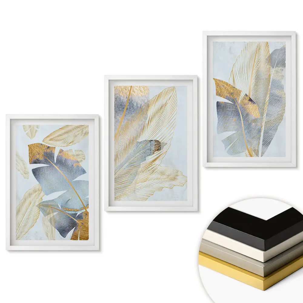 Set 3 tablouri living Frunze aurii pe un fundal delicat