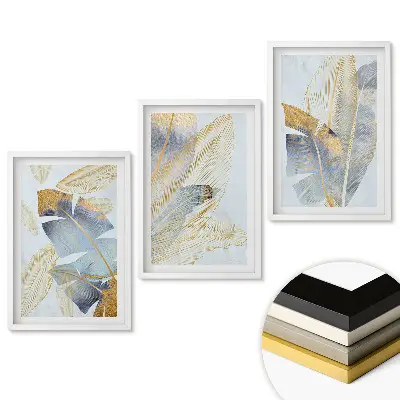 Set 3 tablouri living Frunze aurii pe un fundal delicat
