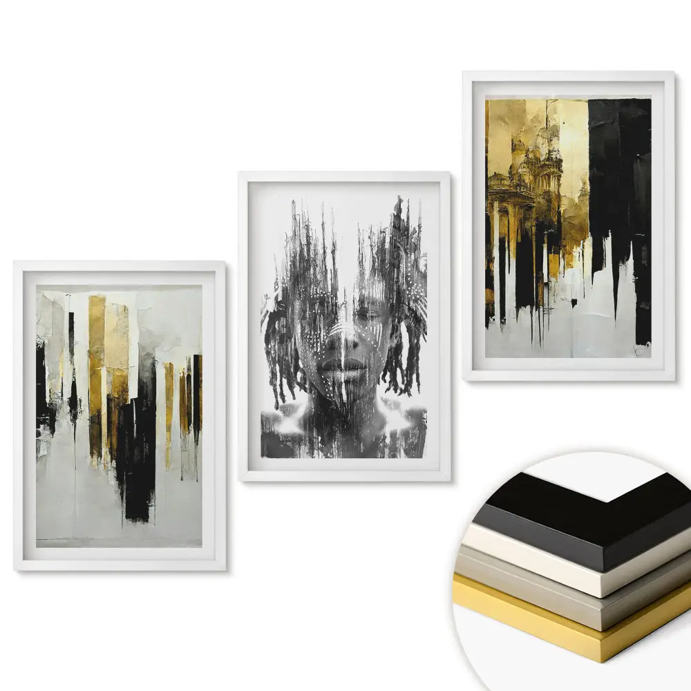 Set 3 tablouri pentru living cu design abstract negru și auriu