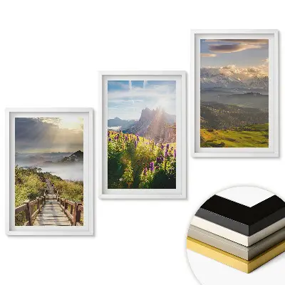Set 3 tablouri living Peisaje pitorești de munte și flori