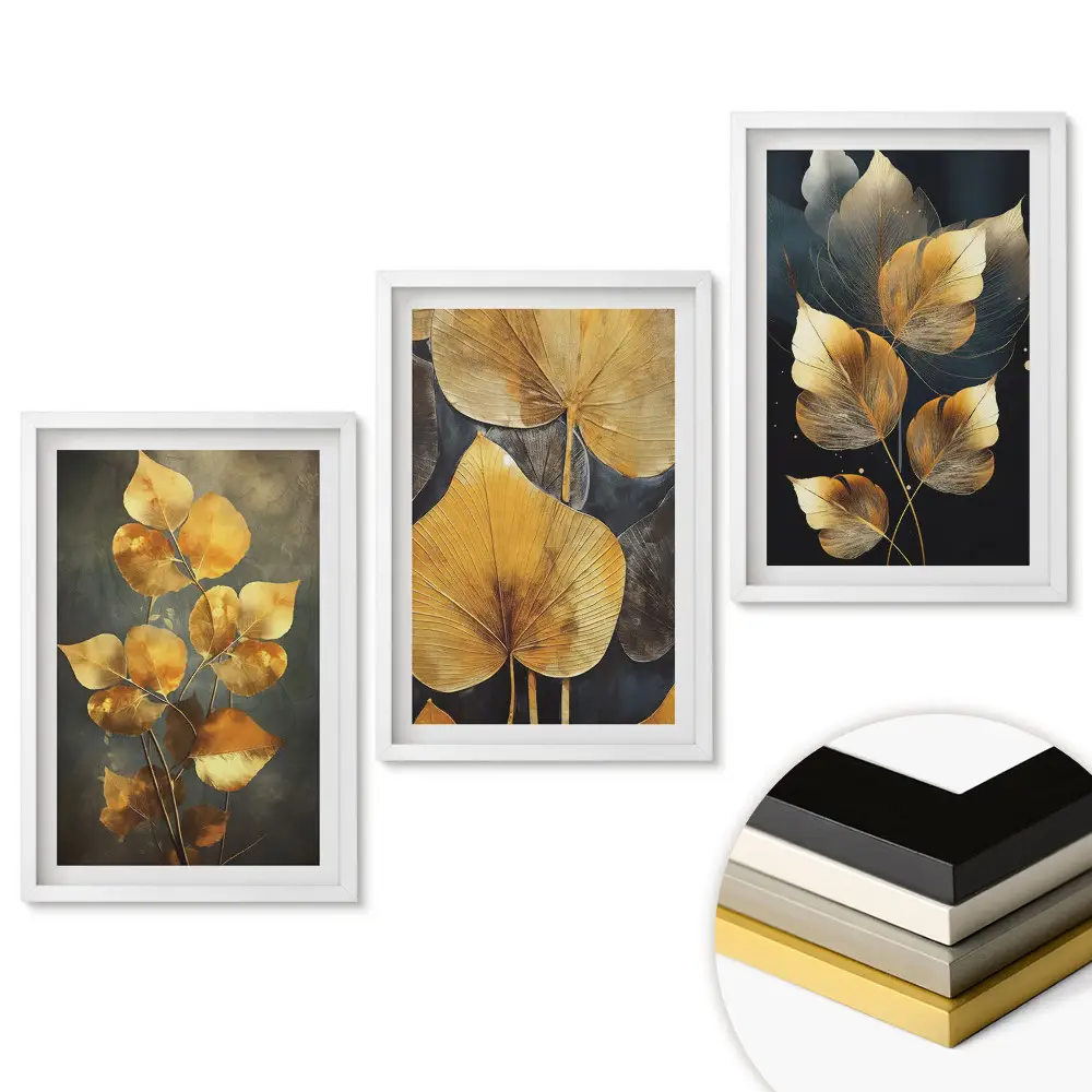Set 3 tablouri pentru living cu model frunze aurii