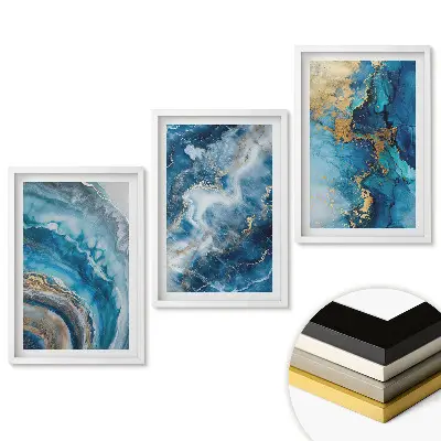 Set 3 tablouri living Abstracțiuni albastre cu accente aurii