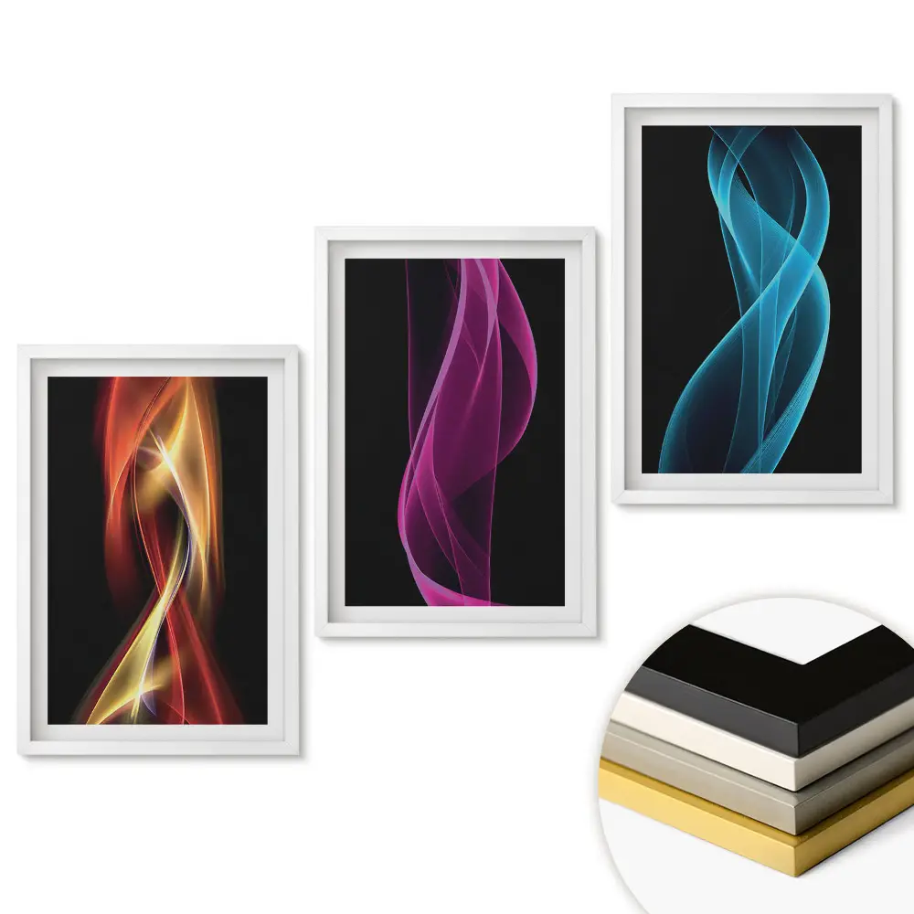 Set 3 tablouri pentru living cu valuri colorate de lumină pe fundal negru