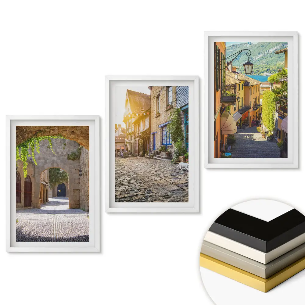 Set 3 tablouri pentru living cu străzi fermecătoare și priveliști pitorești