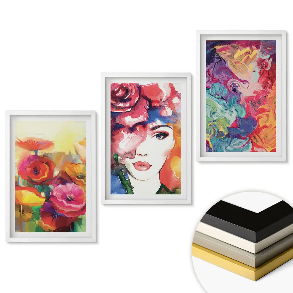Set de tablouri pentru living cu flori, portrete și modele colorate