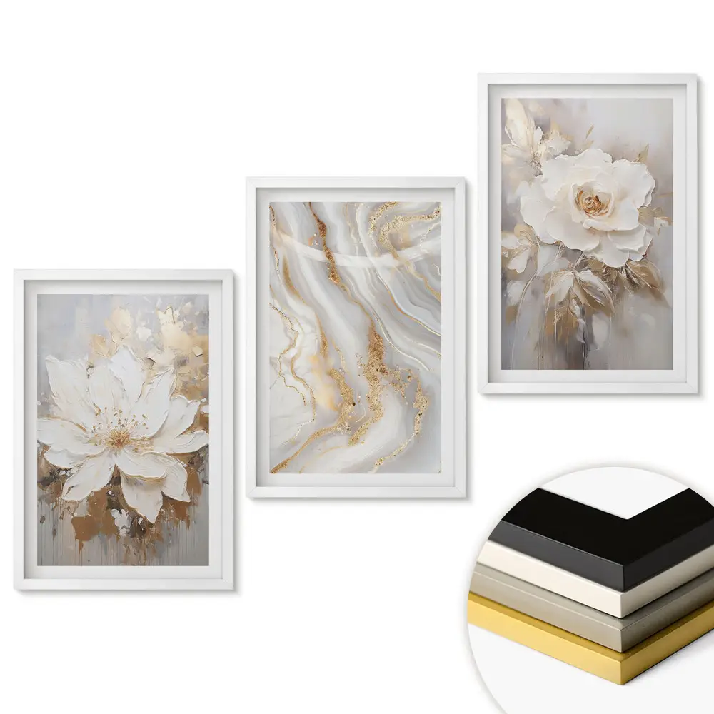 Set de 3 tablouri pentru living cu flori elegante în nuanțe delicate