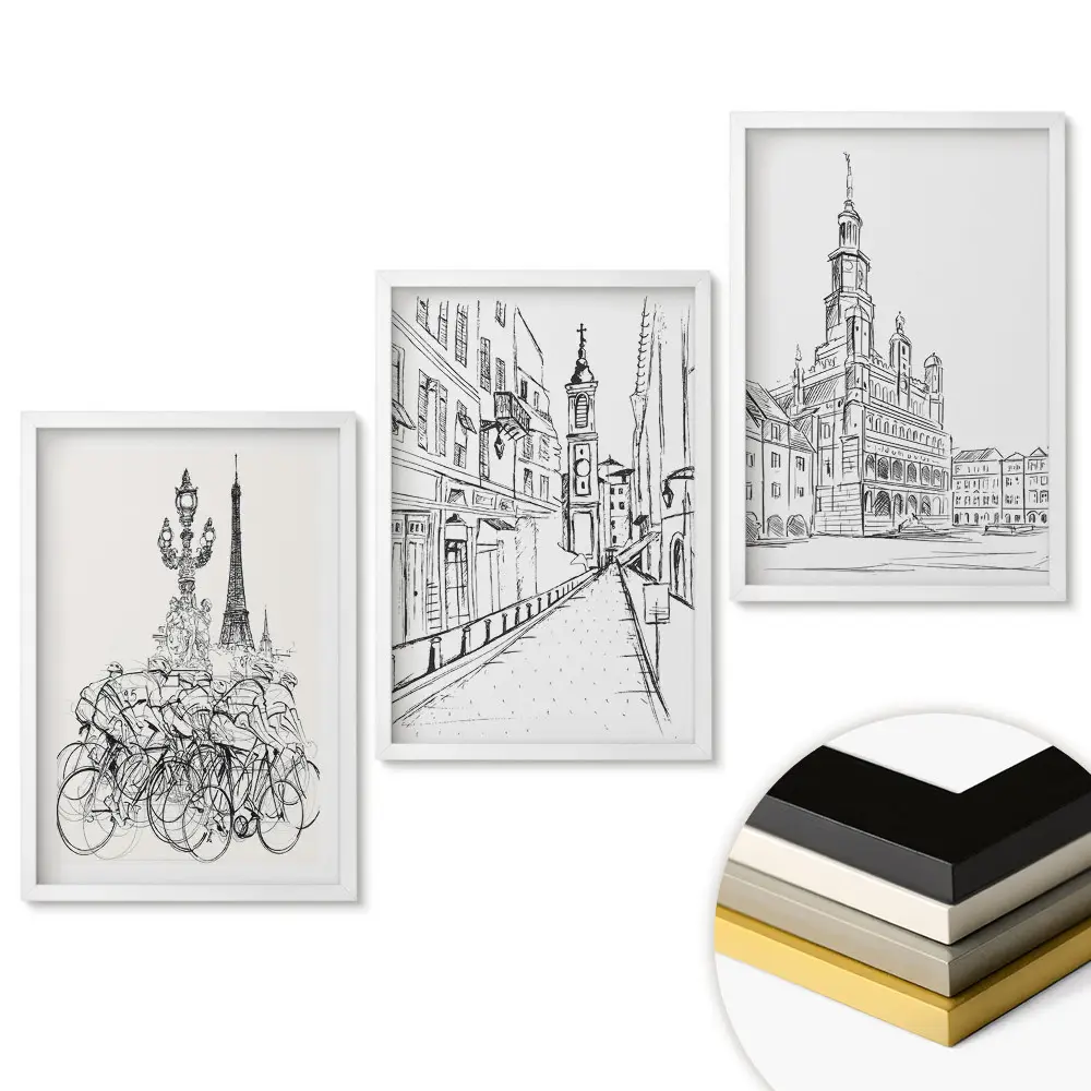 Set de 3 tablouri pentru living Orașe în linie cu artă minimalistă