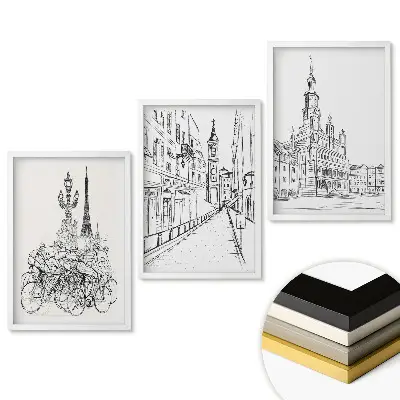 Set 3 tablouri living Orașe în linie, artă minimalistă