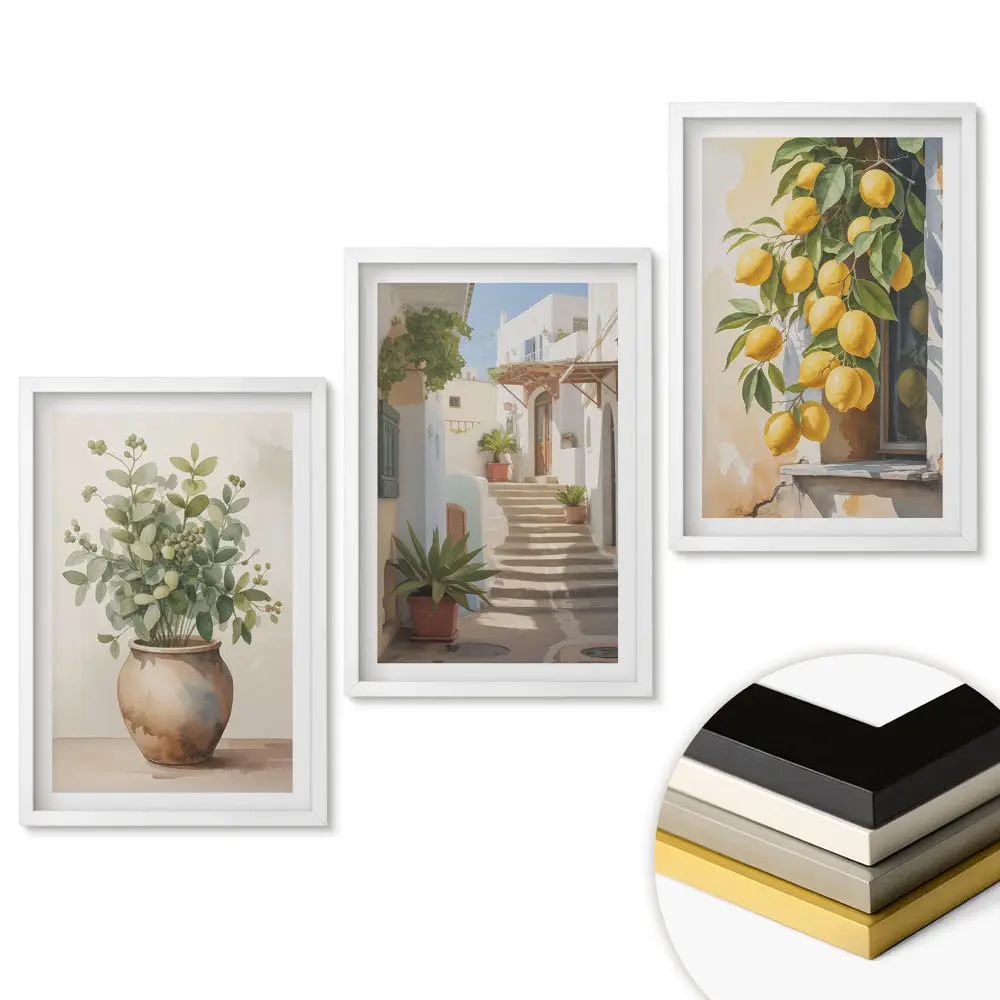 Set 3 tablouri living Flori și lămâi într-un cadru pitoresc