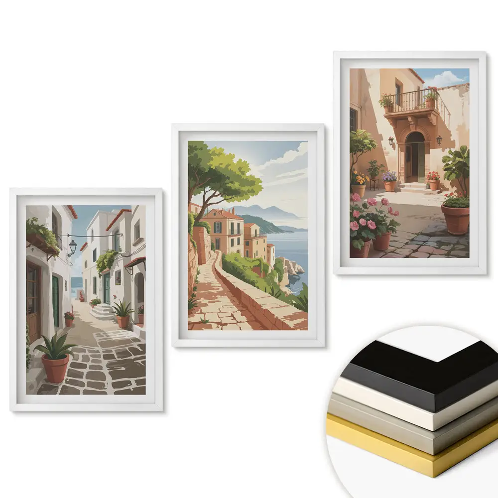 Set de tablouri pentru living cu străzi pitorești și peisaje marine