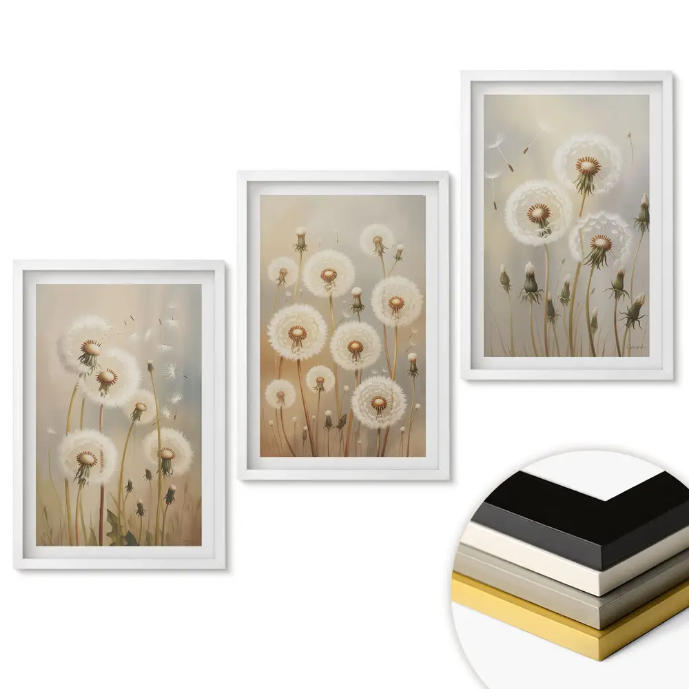 Set 3 tablouri living Păpădii delicate în nuanțe pastelate
