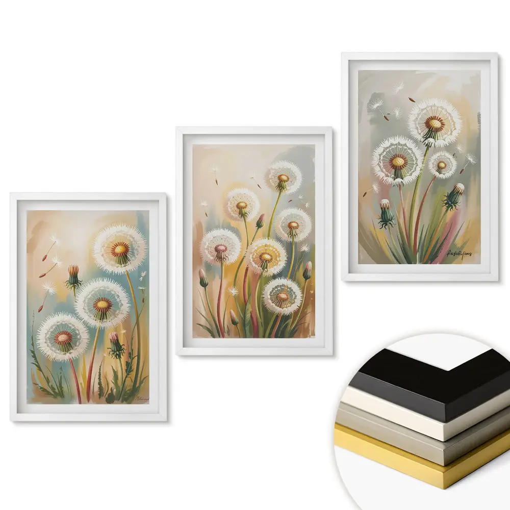 Set 3 tablouri living Păpădii pufoase în culori pastelate