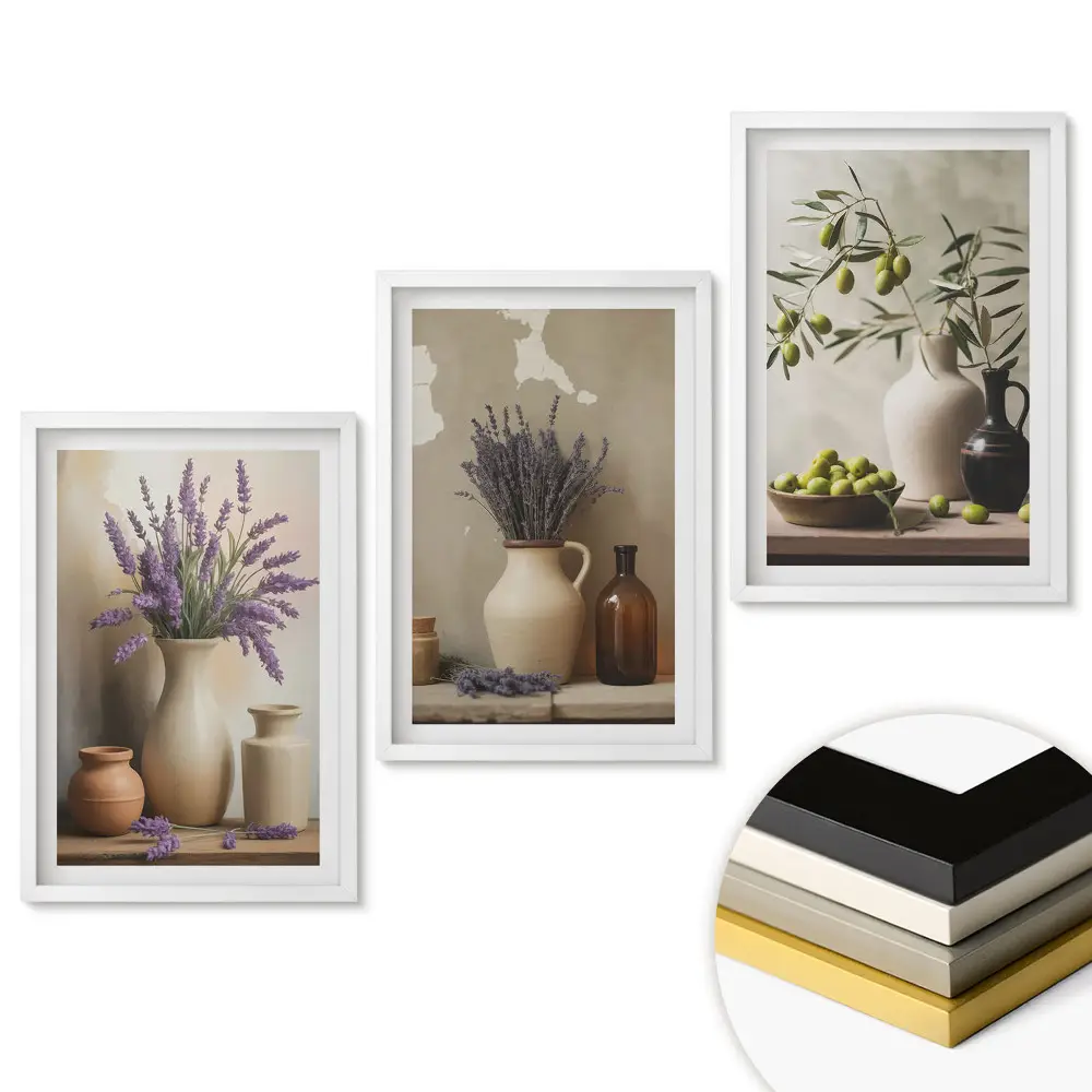 Set 3 tablouri living Flori și măsline în stil rustic