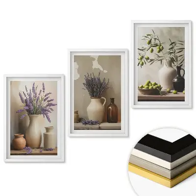 Set 3 tablouri living Flori și măsline în stil rustic