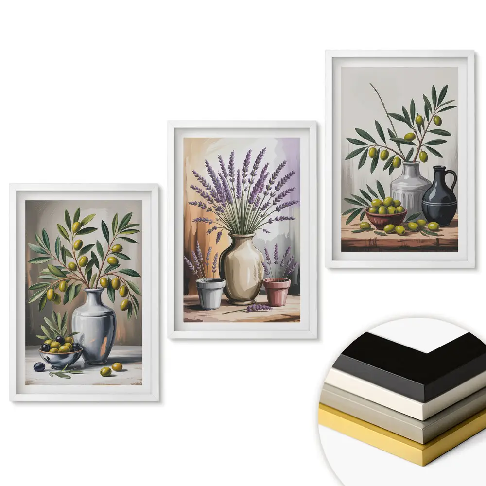 Set tablouri living Flori și măsline în vaze decorative
