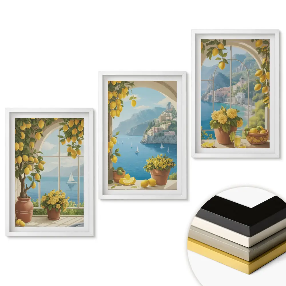 Set tablouri pentru living cu peisaj exotic de litoral în nuanțe citrice