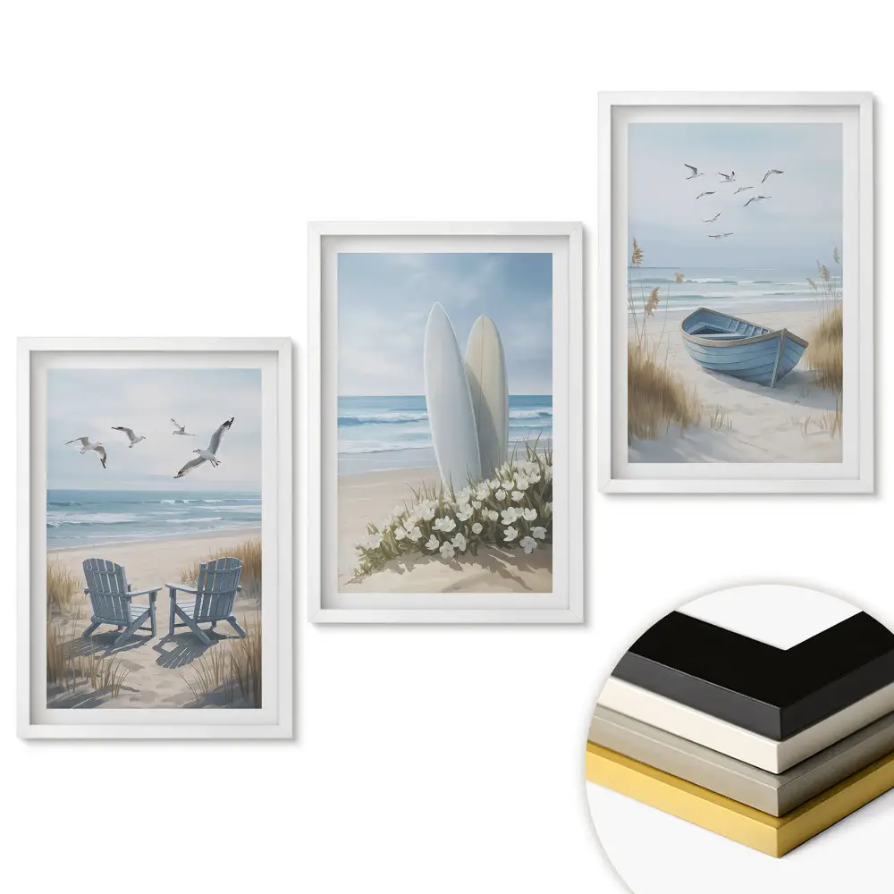 Set de 3 tablouri pentru living cu peisaje marine și plaje liniștite