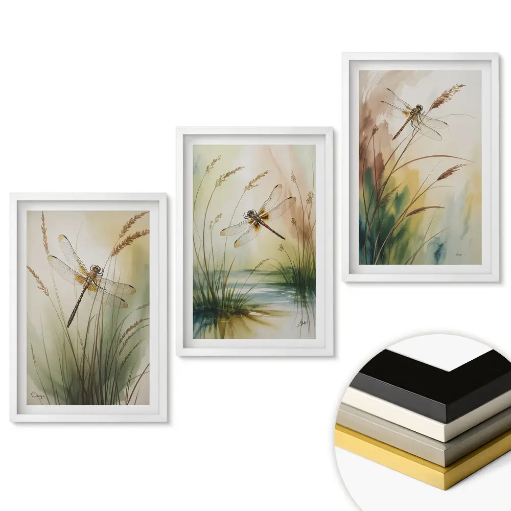 Set 3 tablouri living Fluturi printre iarbă și apă