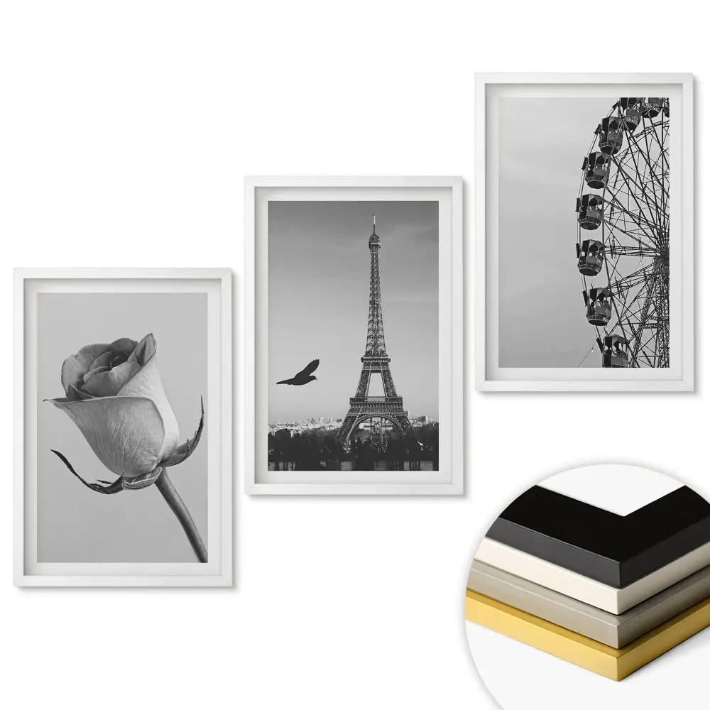 Set de tablouri pentru living cu motiv floare, Turnul Eiffel și roată panoramică