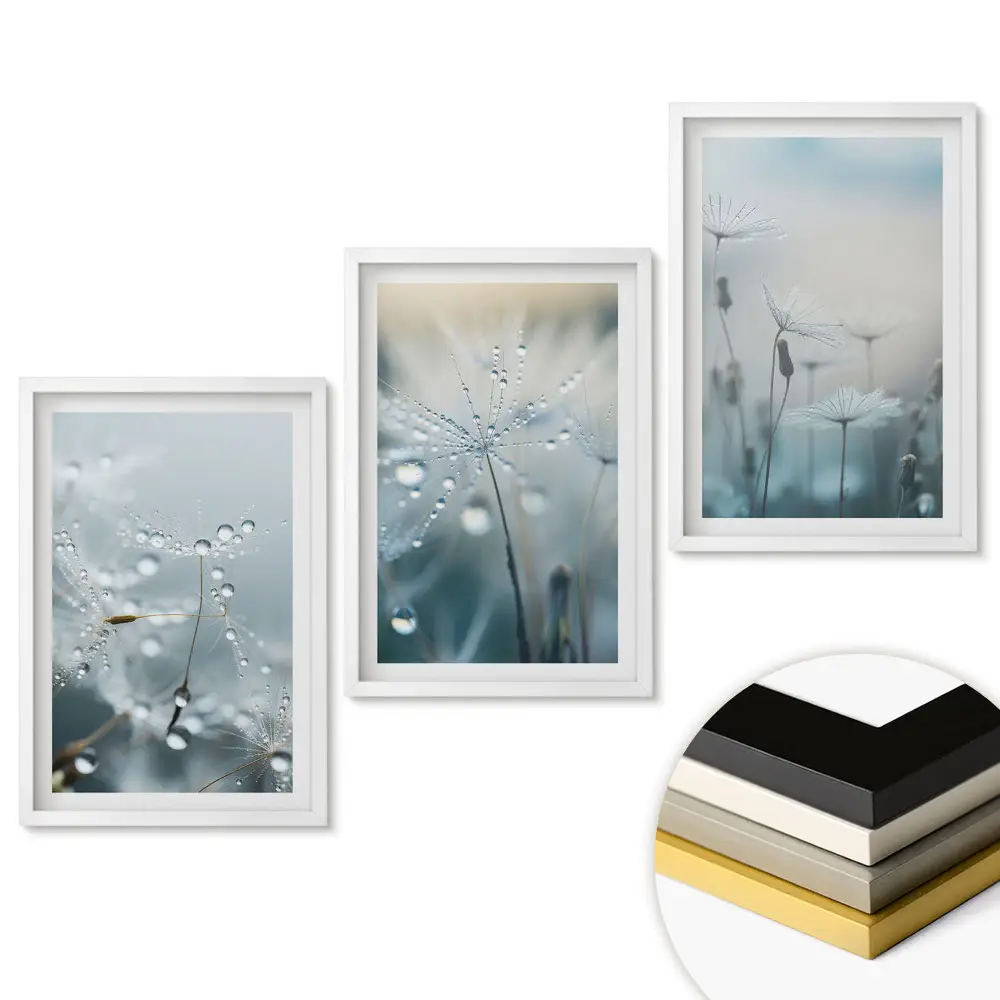 Set de 3 tablouri pentru living cu flori și picături de rouă