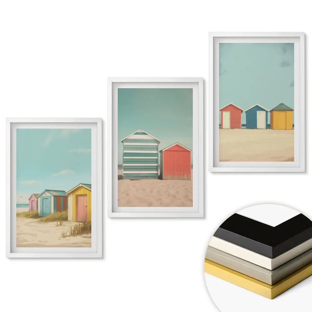 Set 3 tablouri living Case colorate pe plajă la soare