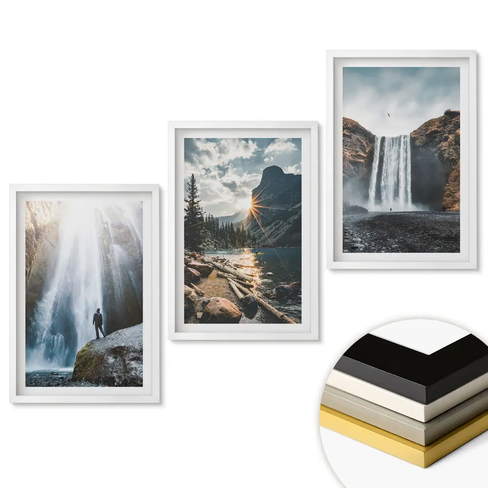 Set de 3 tablouri pentru living cu peisaje naturale reprezentând cascade pitorești