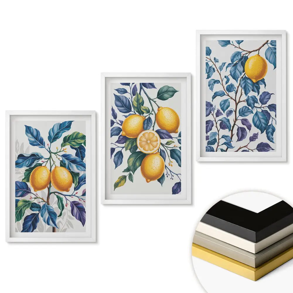 Set de 3 tablouri pentru living cu motive de lămâi în nuanțe de verde
