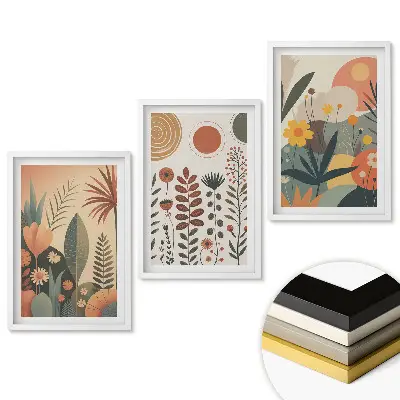 Set 3 tablouri pentru living cu plante și flori colorate