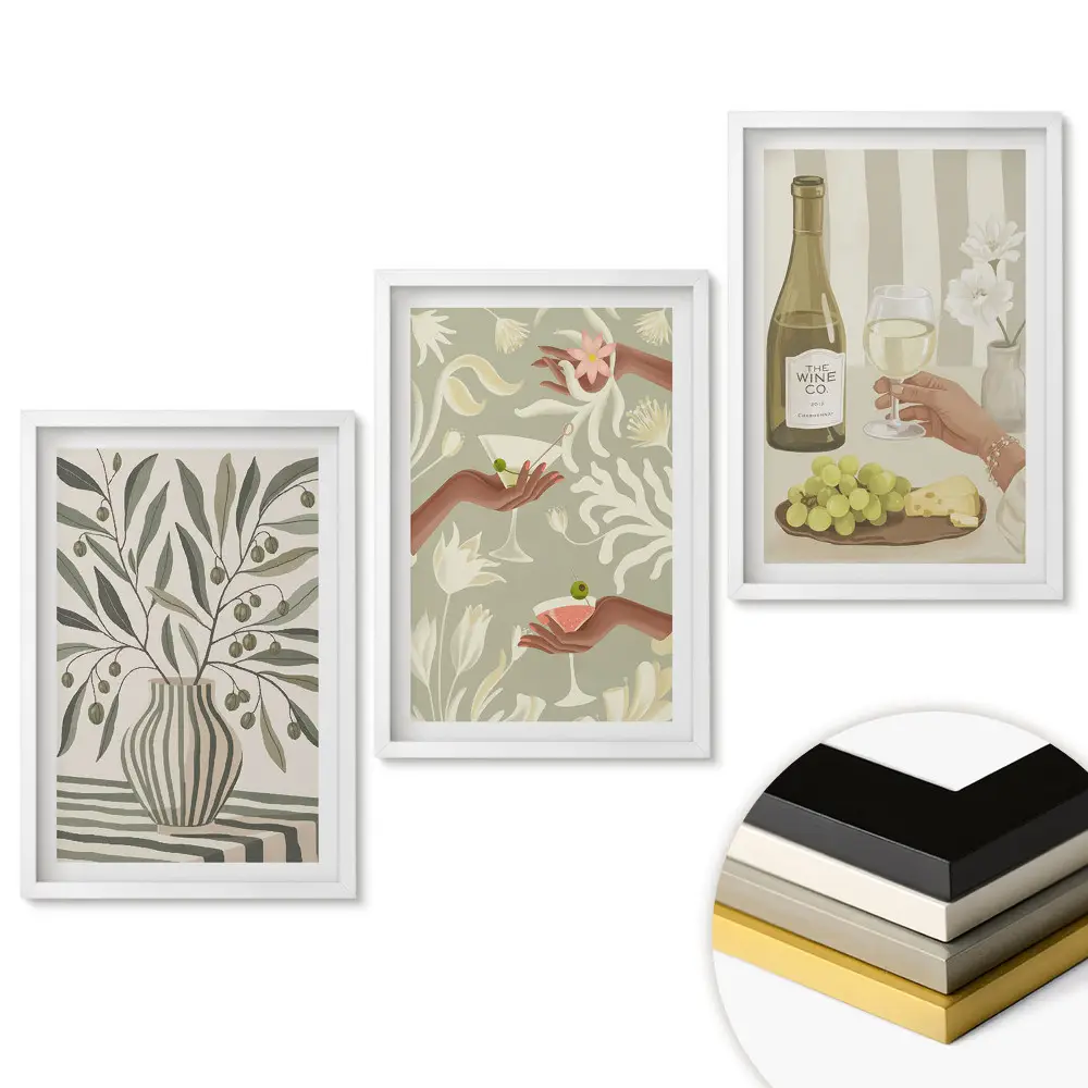 Set 3 tablouri pentru living cu tematică de flori, vin și stil de viață relaxant