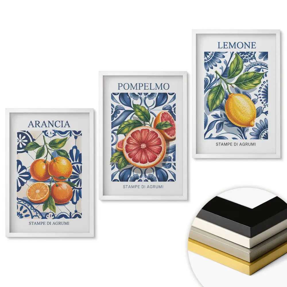 Set de tablouri pentru living cu grafică colorată reprezentând fructe citrice
