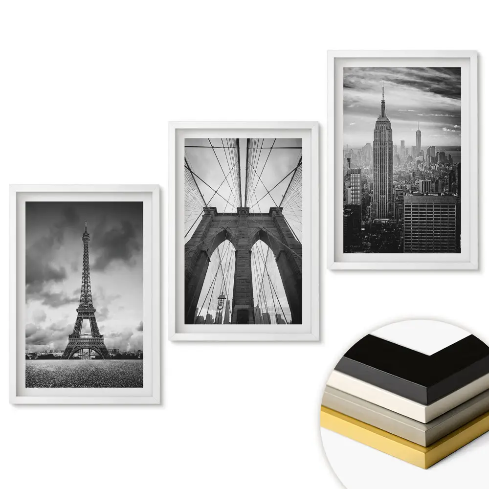Set de 3 tablouri pentru living Icoane ale orașului alb-negru