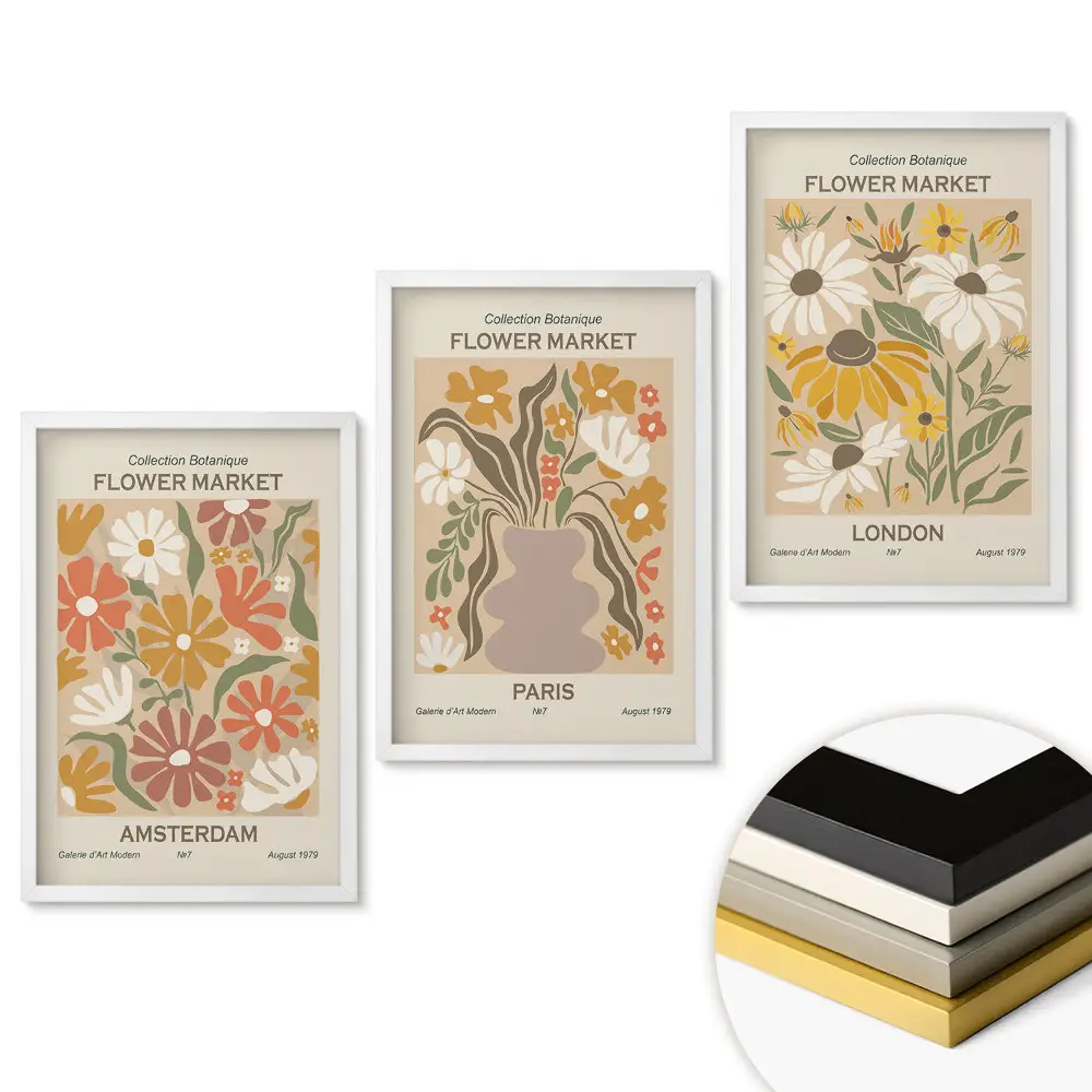 Set de 3 tablouri pentru living Piețe de flori în trei orașe