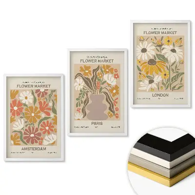 Set 3 tablouri living Piețe de flori în trei orașe