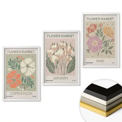 Set 3 tablouri pentru living cu piețe de flori din orașe europene