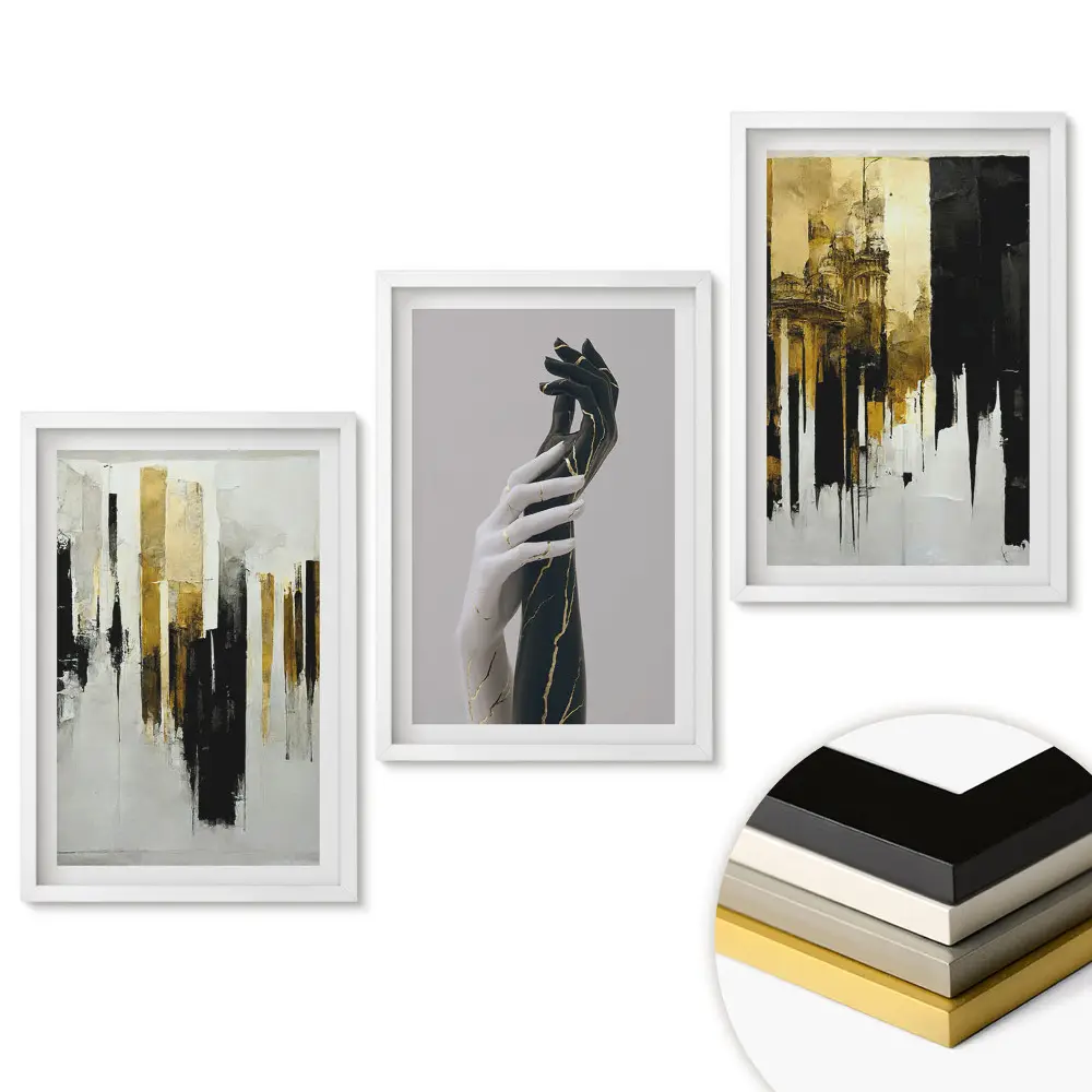 Set de tablouri pentru living cu design abstract modern în nuanțe de auriu