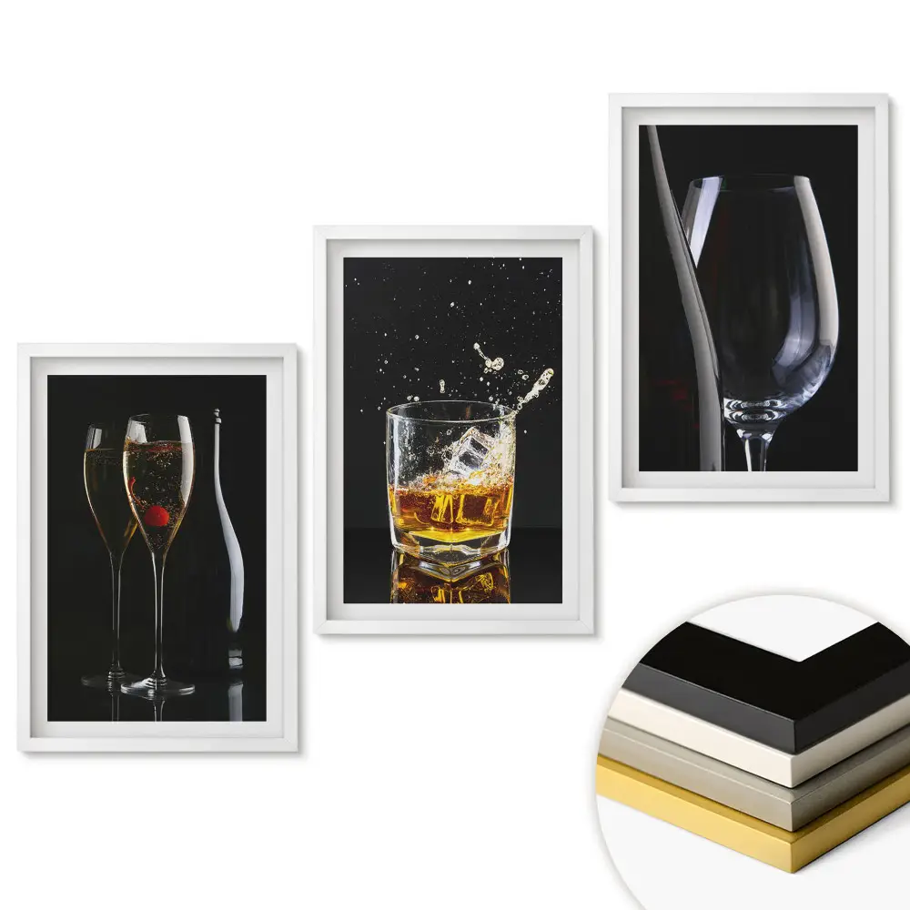 Set de 3 tablouri pentru living cu tema Eleganța băuturilor în pahar