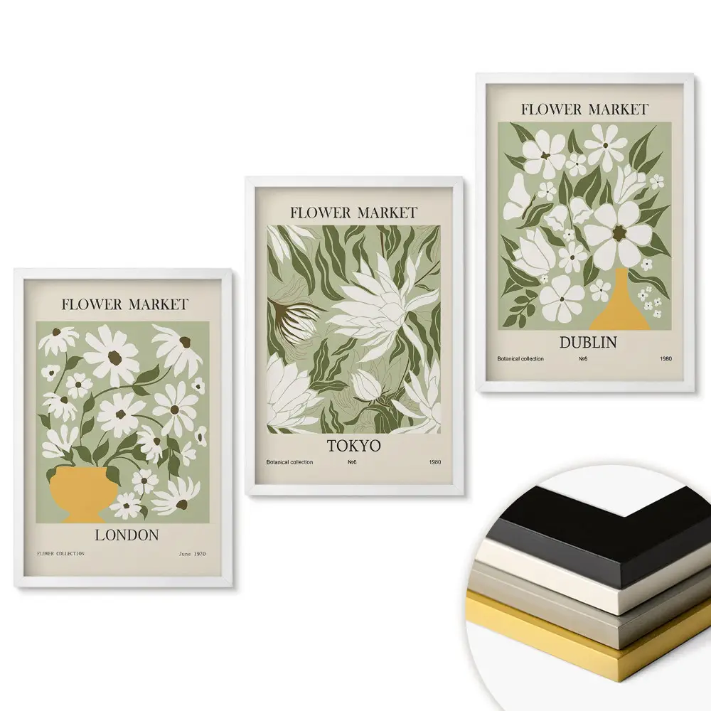 Set 3 tablouri living Piețele de flori din orașele din întreaga lume