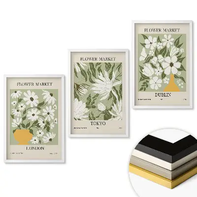 Set 3 tablouri living Piețele de flori din orașele din întreaga lume