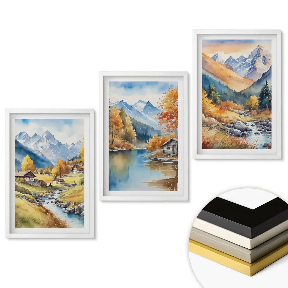 Set 3 tablouri living Peisaje montane pitorești în acuarelă
